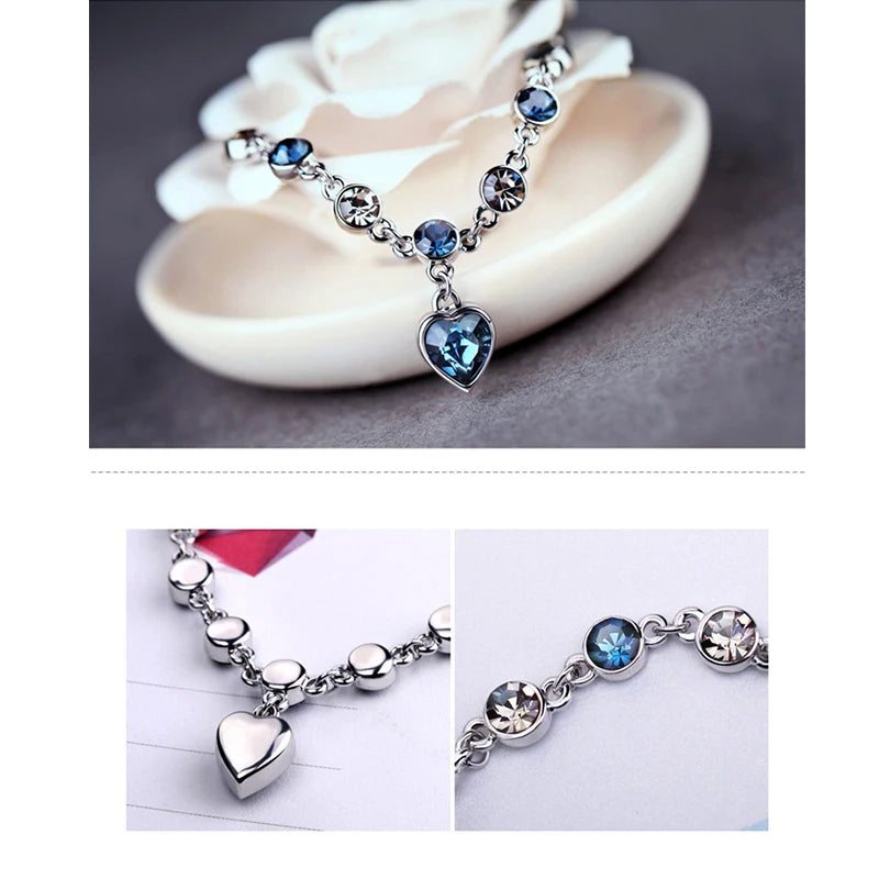 Blue Crystal Heart Charm Bracelet